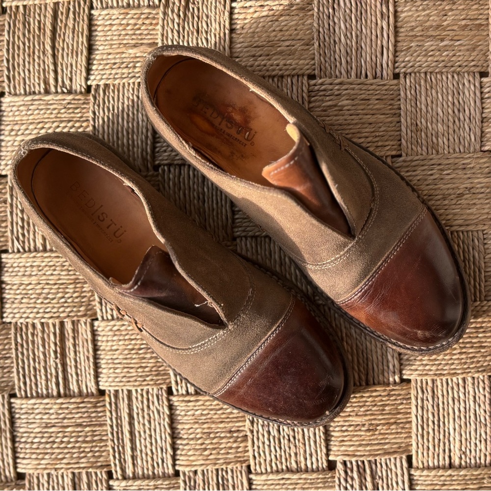 Bed Stu Brown Two-Tone Leather & Canvas Slip-On Loafers